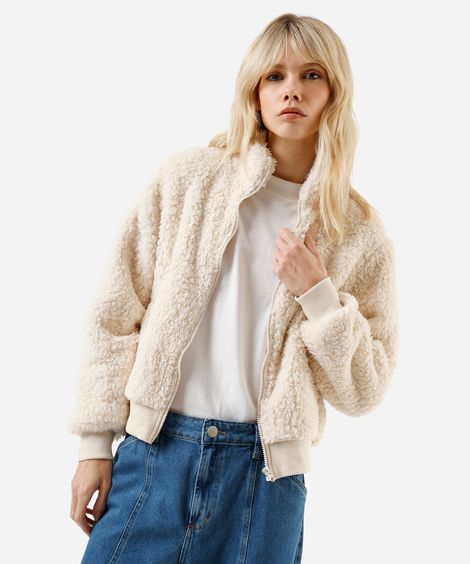 jaqueta sherpa gola alta com bolsos off white