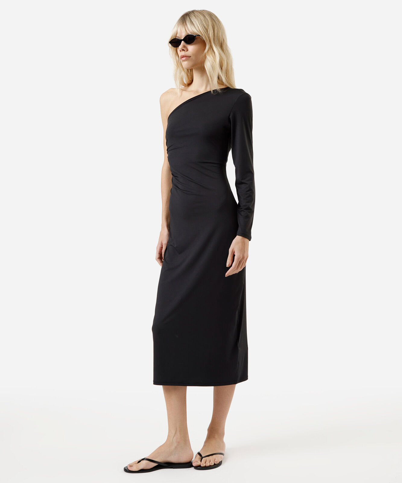 vestido midi ombro único feminino manga longa preto