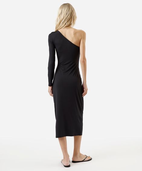 vestido midi ombro único feminino manga longa preto