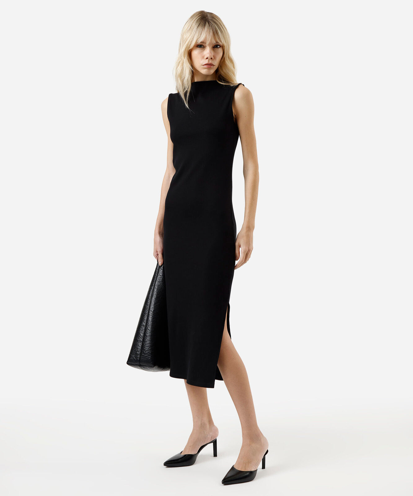 vestido midi tubinho feminino de algodão com manga japonesa e fenda  preto
