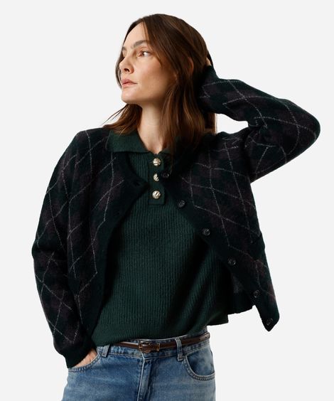 cardigan feminino de tricot xadrez argyle verde