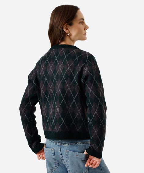cardigan feminino de tricot xadrez argyle verde
