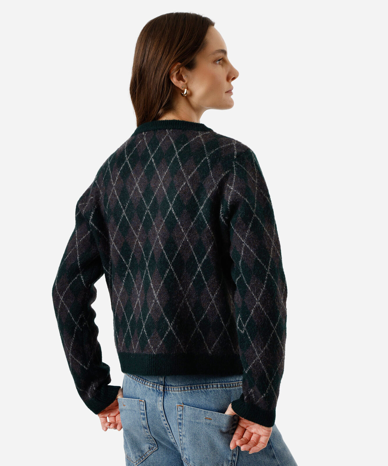 cardigan feminino de tricot xadrez argyle verde