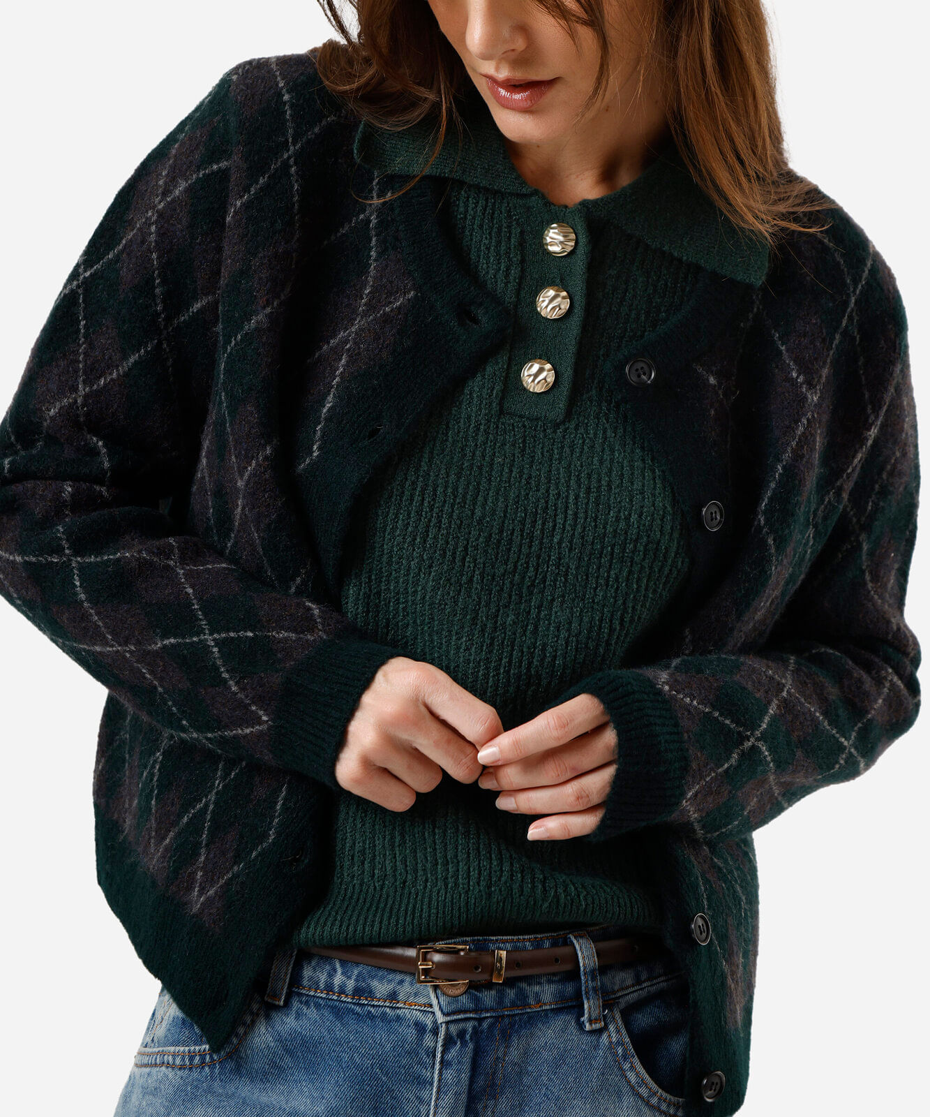 cardigan feminino de tricot xadrez argyle verde