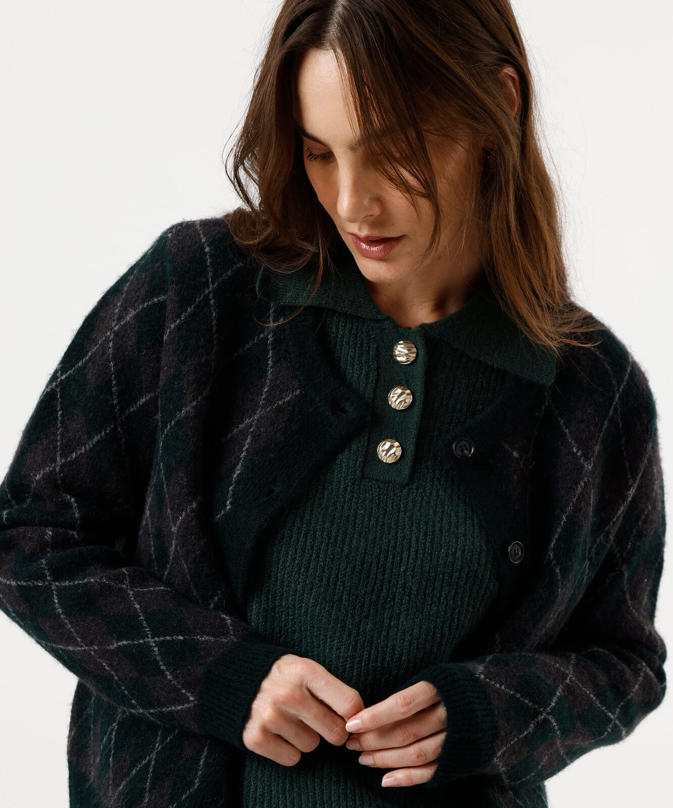 cardigan feminino de tricot xadrez argyle verde