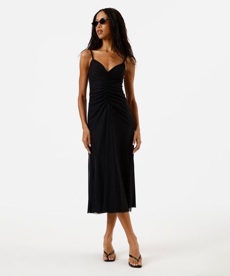 vestido midi alça fina feminino de tule franzido preto