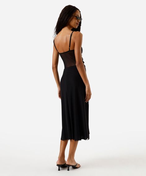 vestido midi alça fina feminino de tule franzido preto
