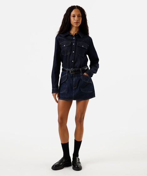 short saia cargo feminino jeans cintura média azul