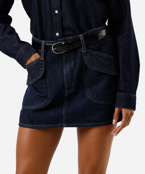 short saia cargo feminino jeans cintura média azul