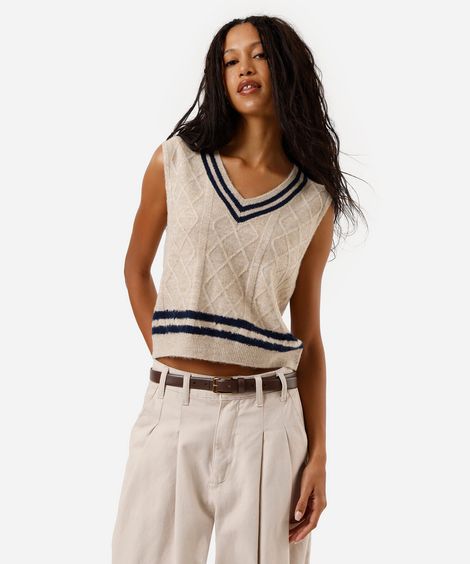 colete feminino de tricot decote v texturizado azul