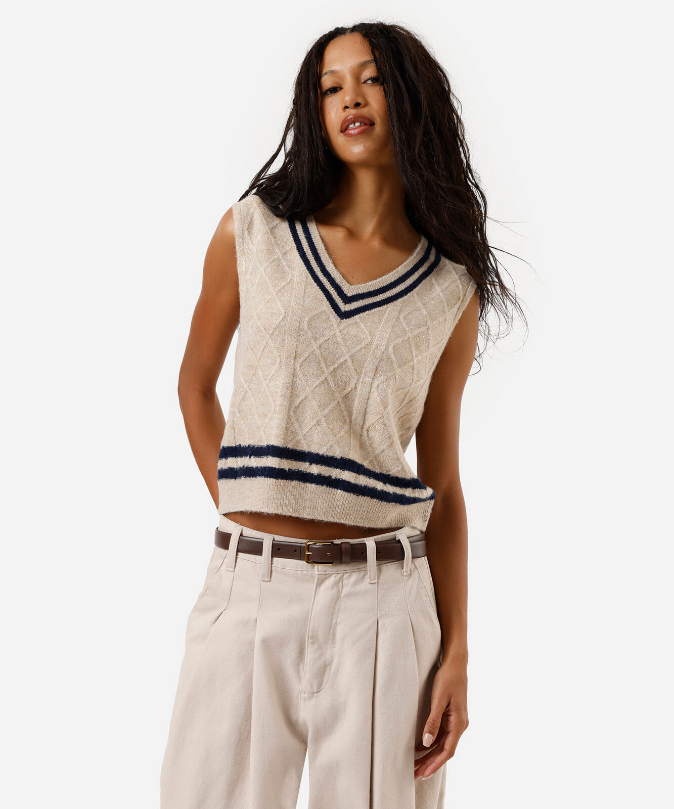 colete feminino de tricot decote v texturizado azul