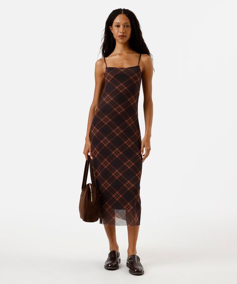 vestido midi alça fina feminino de tule xadrez marrom