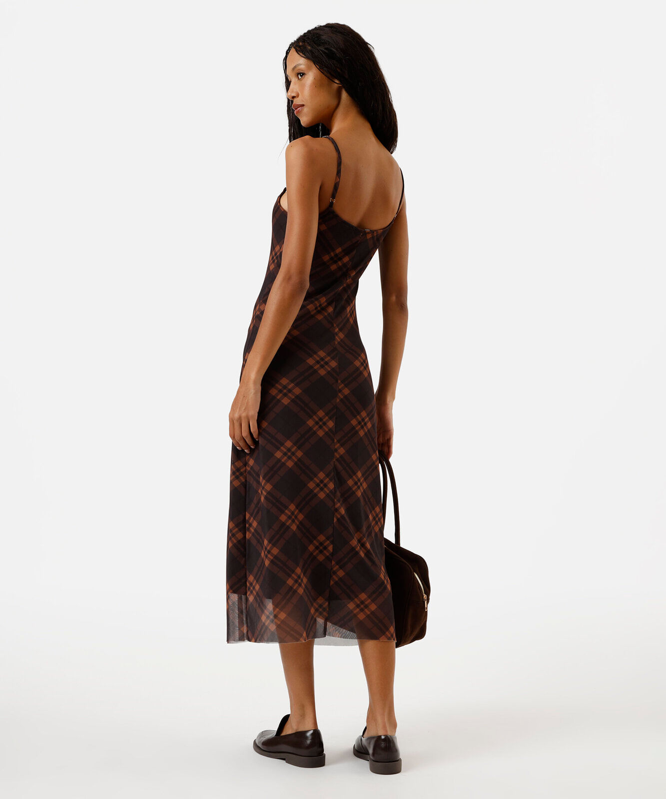 vestido midi alça fina feminino de tule xadrez marrom
