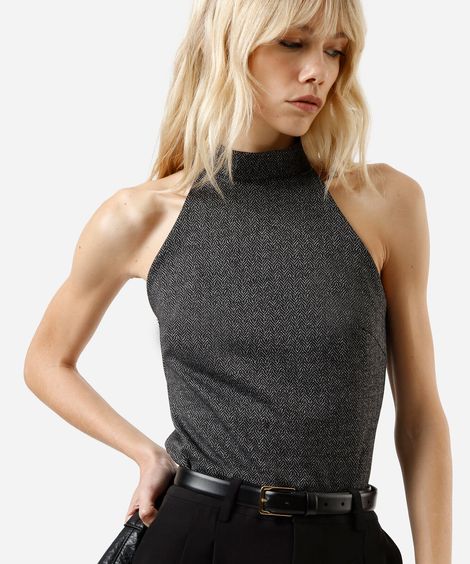 blusa halterneck feminina estampada cinza