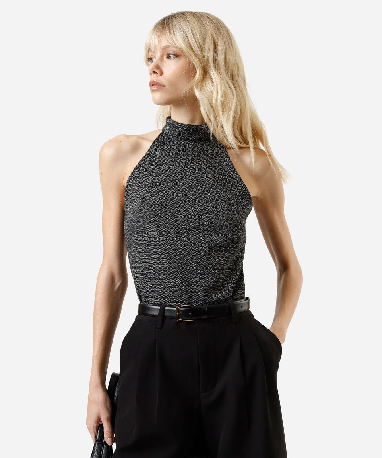 blusa halterneck feminina estampada cinza