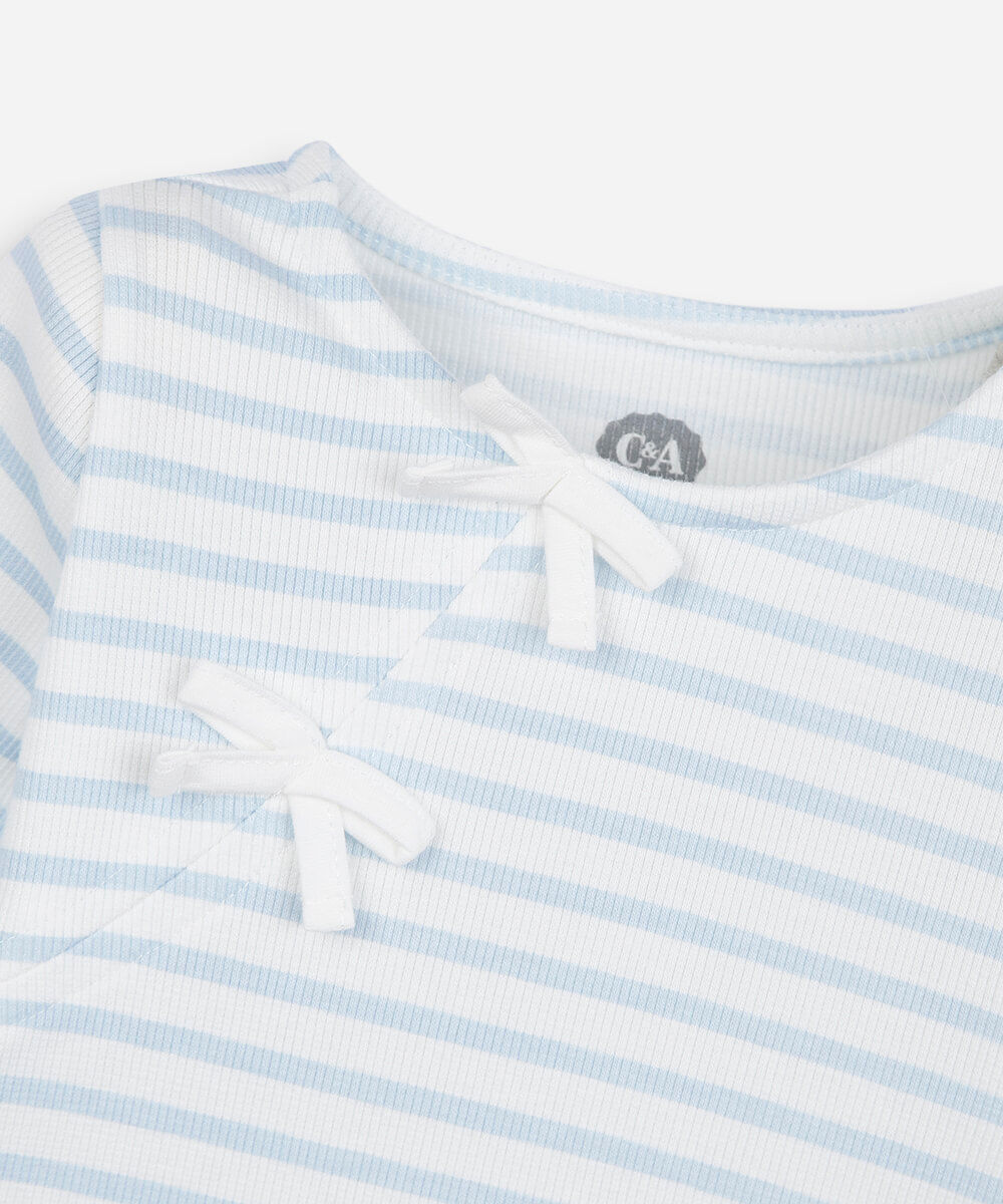 blusa infantil de algodão com laços canelada listrada azul