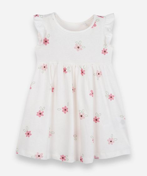 vestido infantil de algodão com babado floral off white