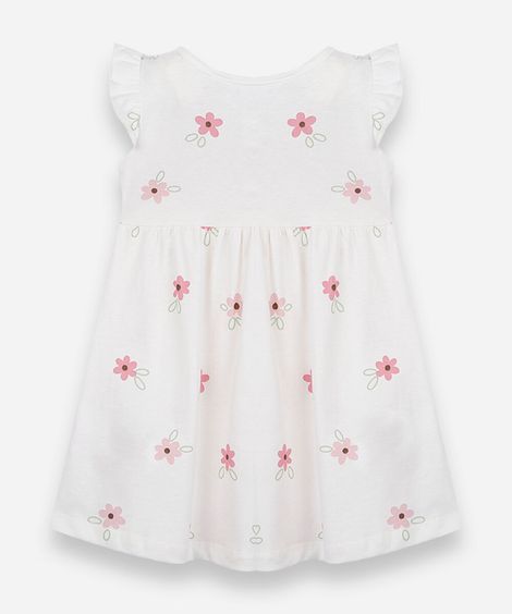 vestido infantil de algodão com babado floral off white