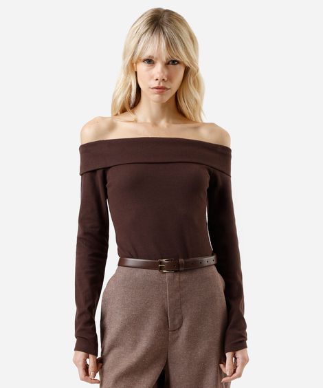 blusa ombro a ombro feminina de algodão manga longa canelada marrom