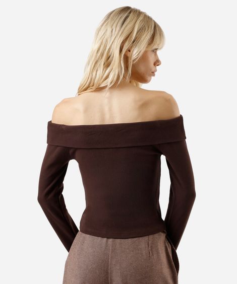 blusa ombro a ombro feminina de algodão manga longa canelada marrom