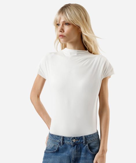 body com pregas no ombro em poliamida liso off white