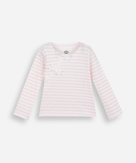 blusa infantil de algodão com laços listrada canelada rosa