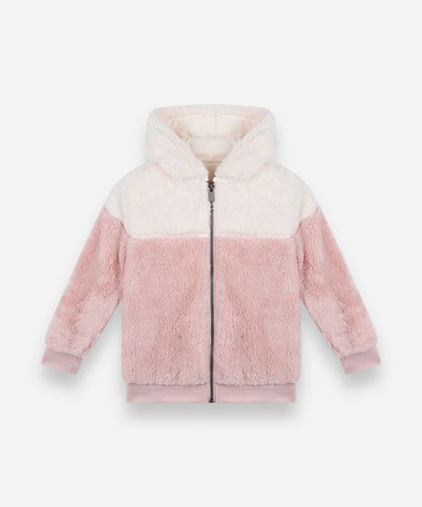 jaqueta infantil de pelúcia com recorte e capuz colorido