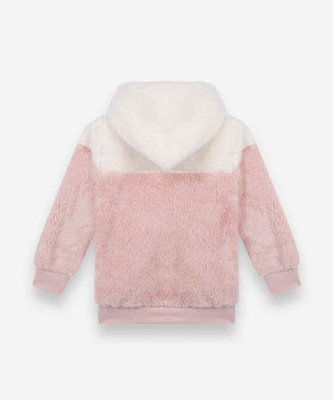 jaqueta infantil de pelúcia com recorte e capuz colorido