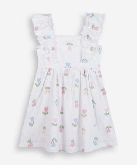 vestido infantil de algodão com babado floral texturizado off white