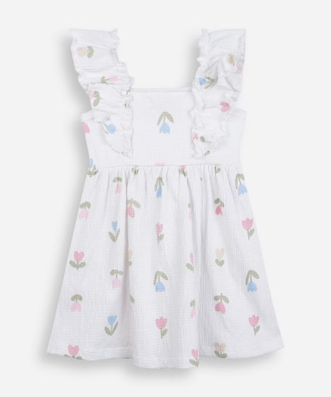 vestido infantil de algodão com babado floral texturizado off white