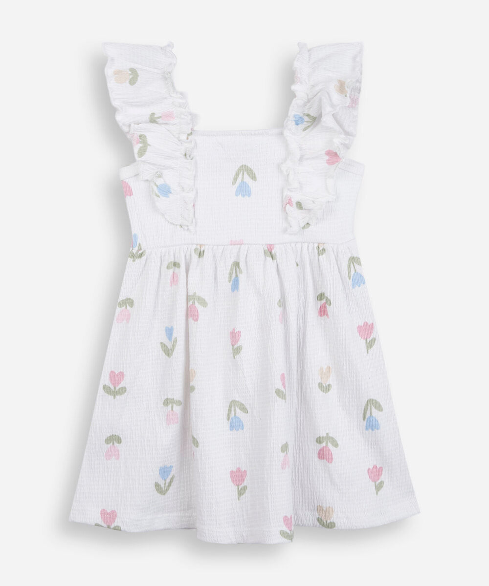 vestido infantil de algodão com babado floral texturizado off white
