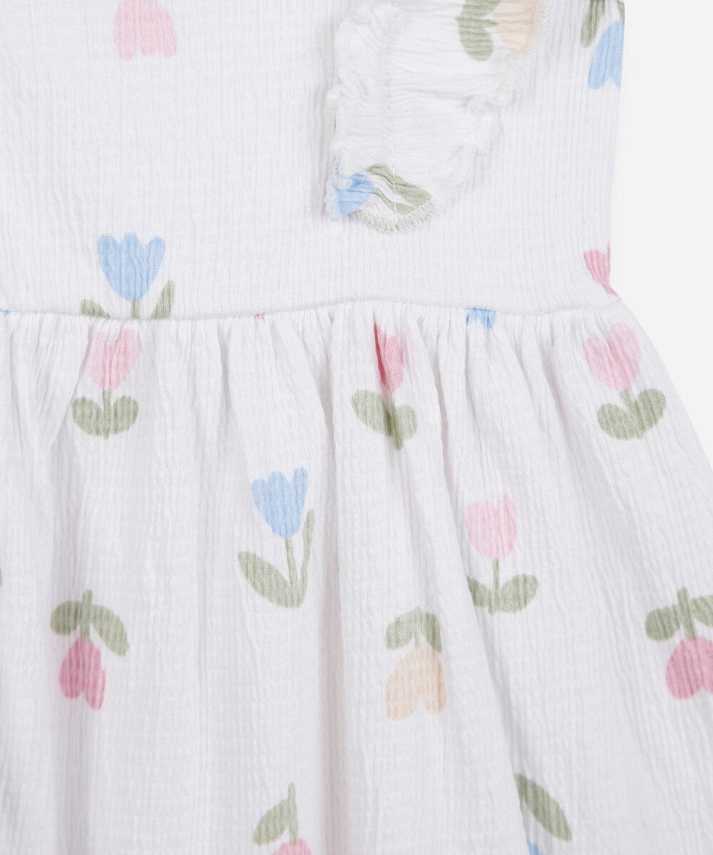 vestido infantil de algodão com babado floral texturizado off white