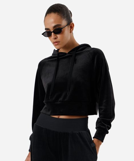 blusão cropped feminino de plush com capuz esportivo ace preto