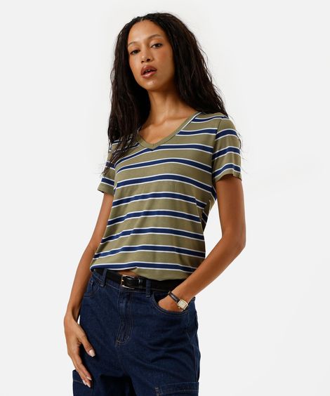 blusa básica feminina com viscose decote v listrada verde
