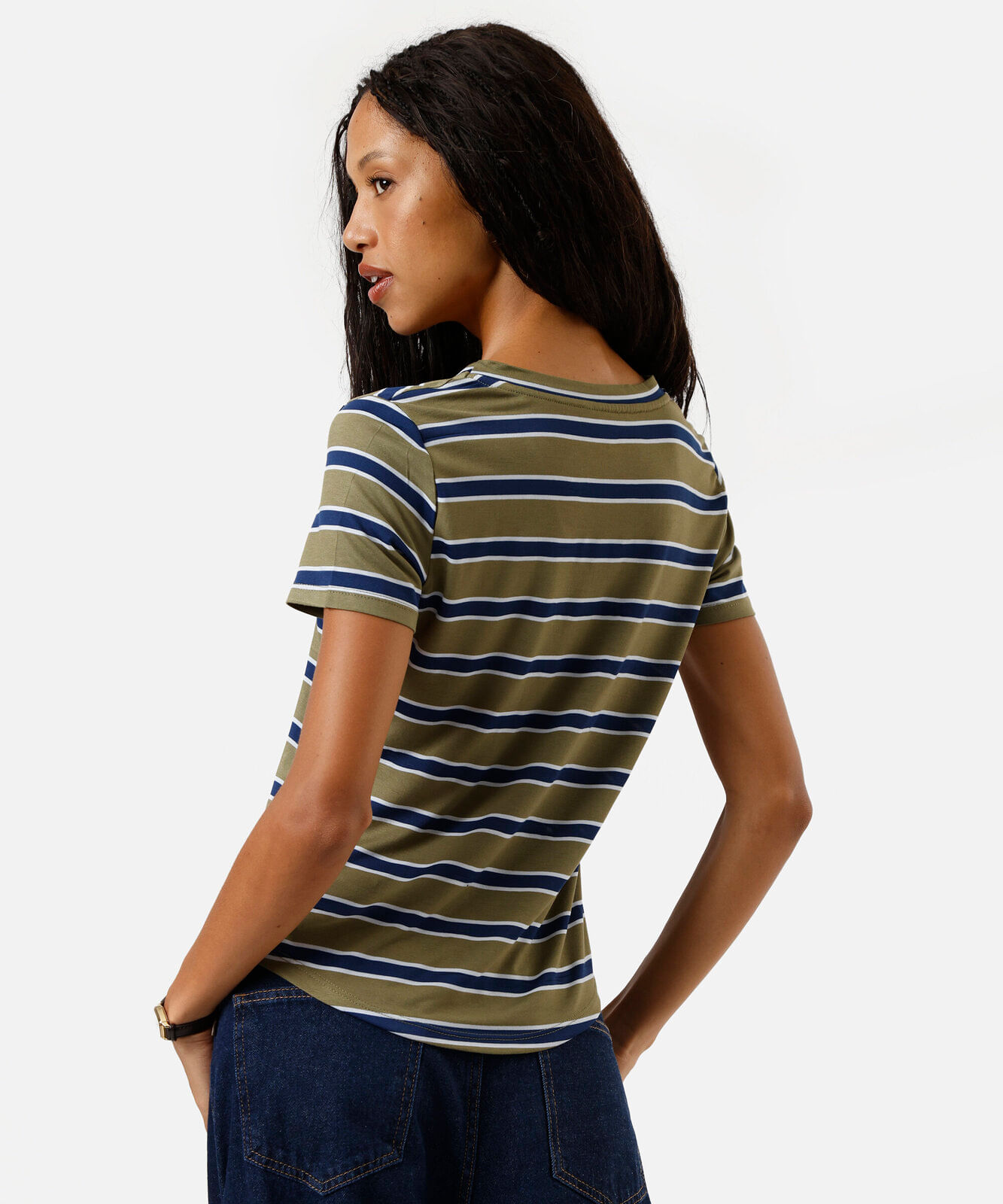 blusa básica feminina com viscose decote v listrada verde