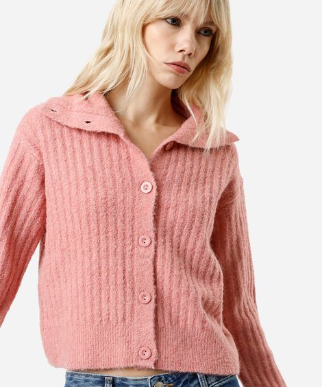 cardigan feminino de tricot com lã e gola canelado rosa