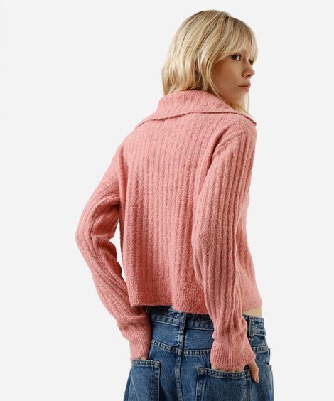 cardigan feminino de tricot com lã e gola canelado rosa