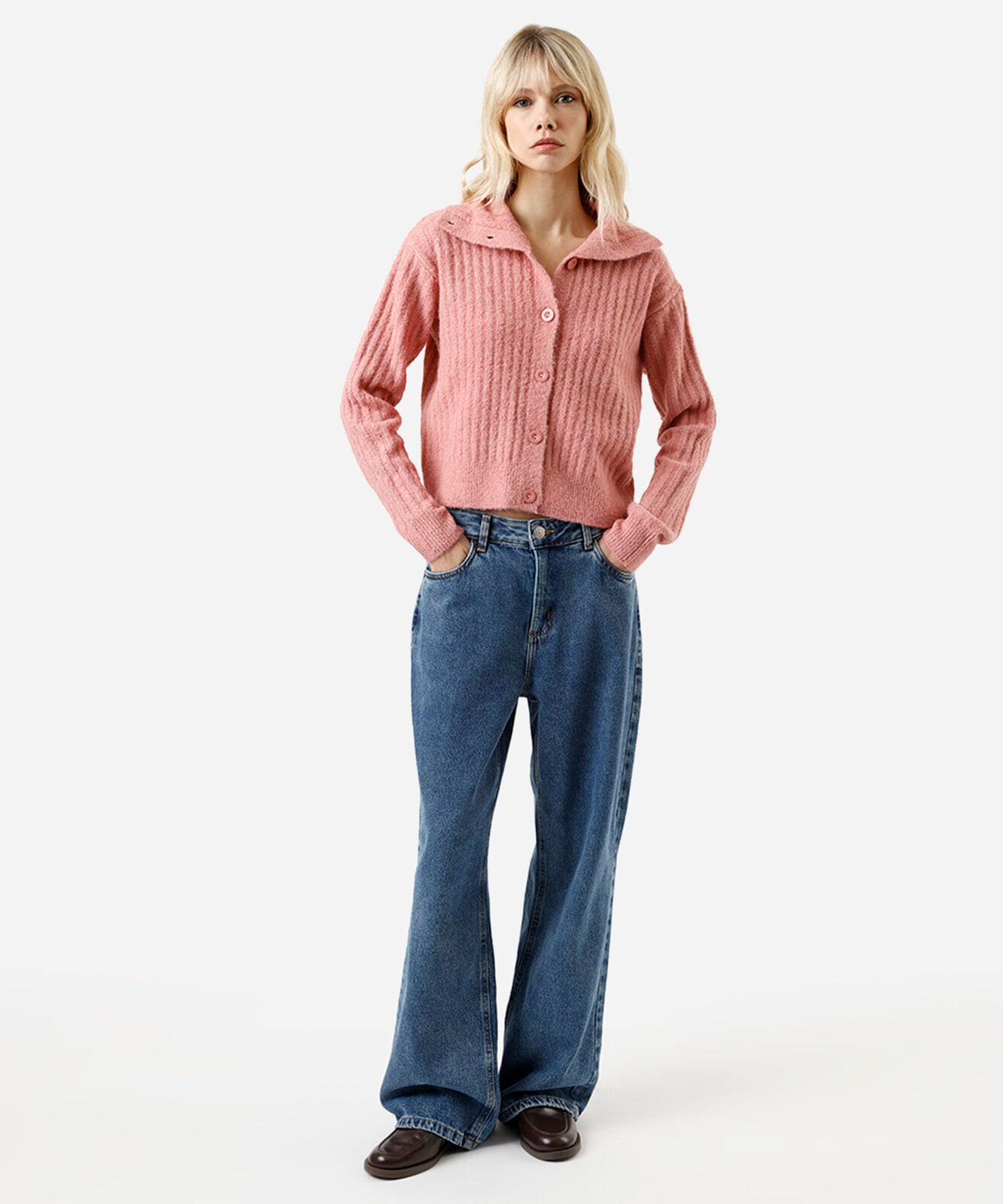 cardigan feminino de tricot com lã e gola canelado rosa