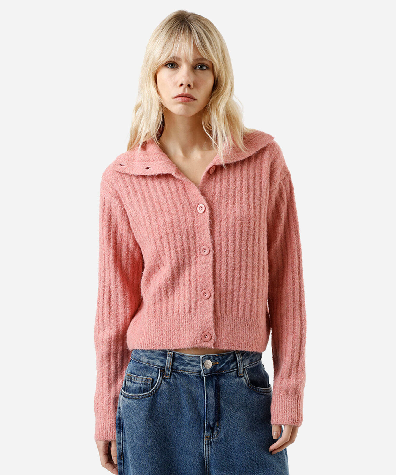 cardigan feminino de tricot com lã e gola canelado rosa