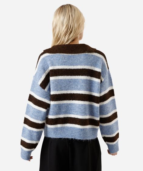 suéter feminino de tricot com lã e gola listrado azul