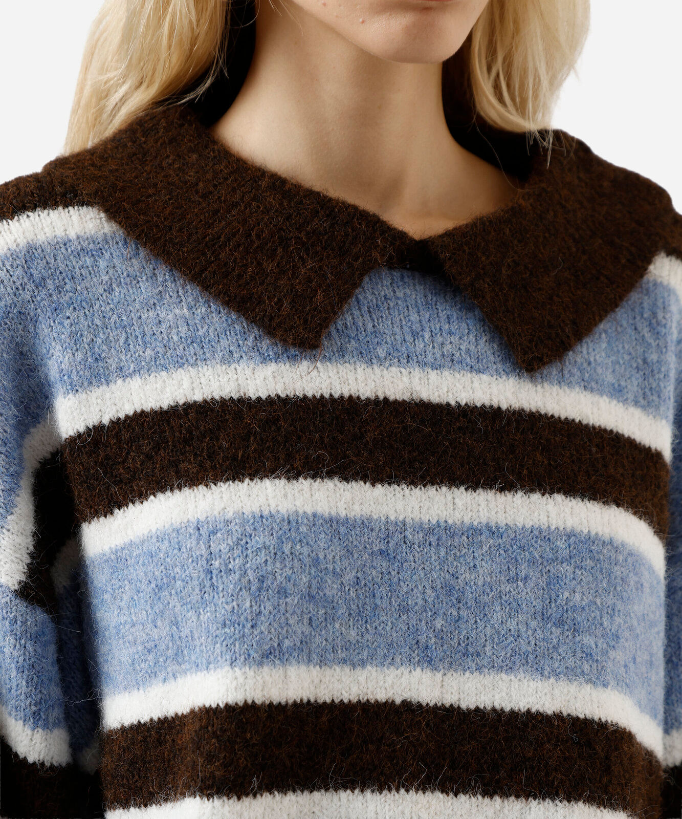 suéter feminino de tricot com lã e gola listrado azul