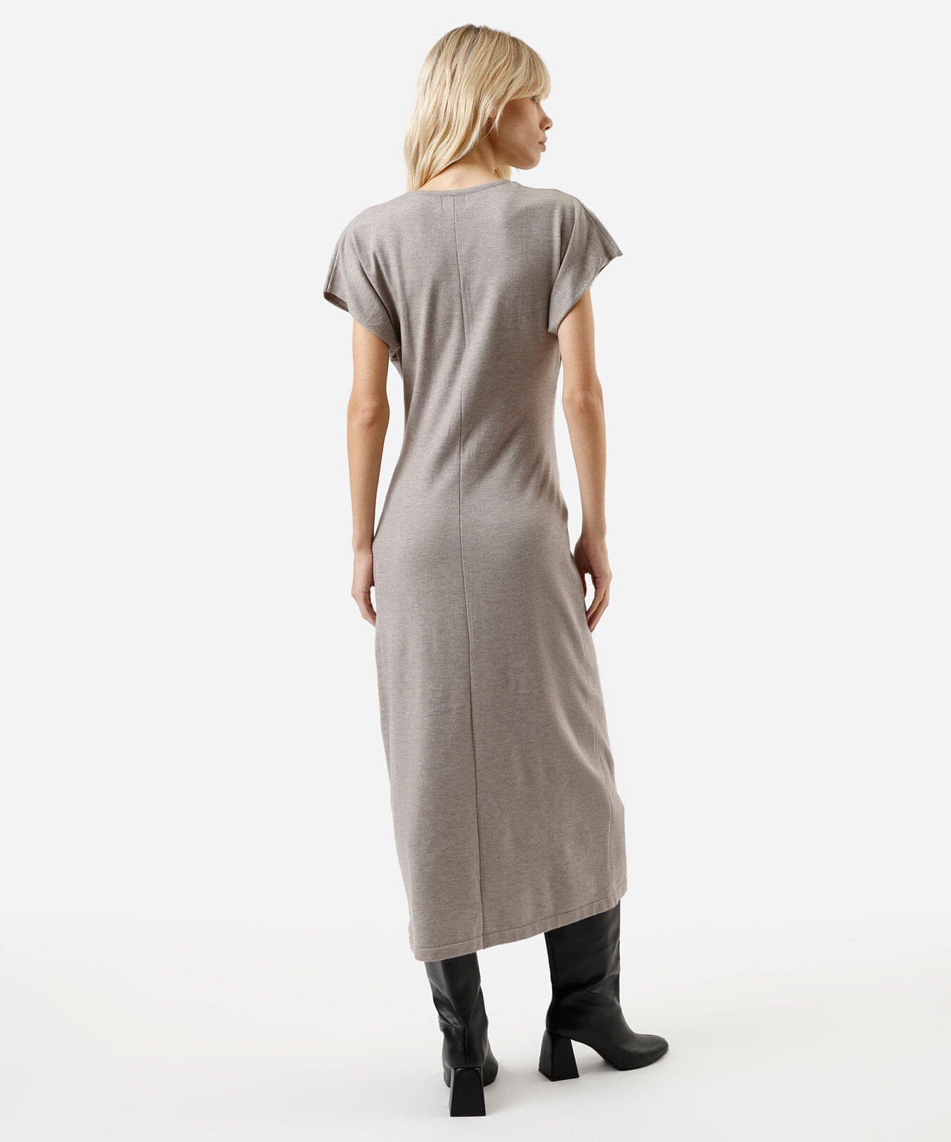 vestido midi feminino manga curta cinza