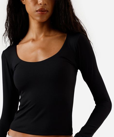 blusa cropped feminina de poliamida decote redondo manga longa preta