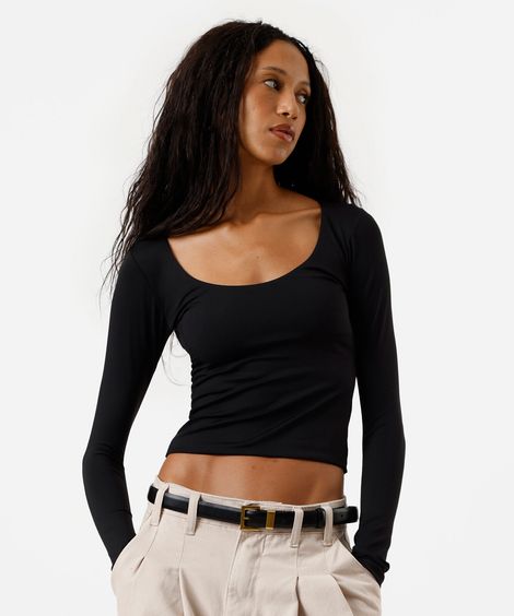 blusa cropped feminina de poliamida decote redondo manga longa preta