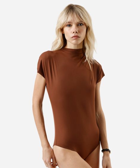 body com pregas no ombro em poliamida liso marrom