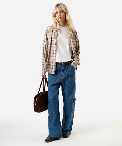 calça cargo oversized feminina jeans cintura baixa azul