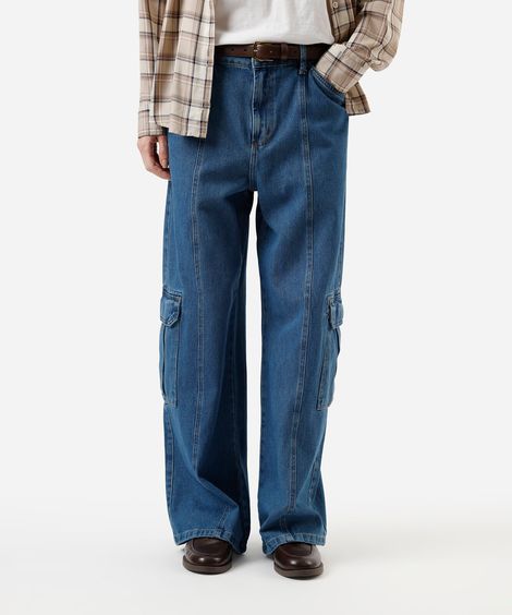 calça cargo oversized feminina jeans cintura baixa azul