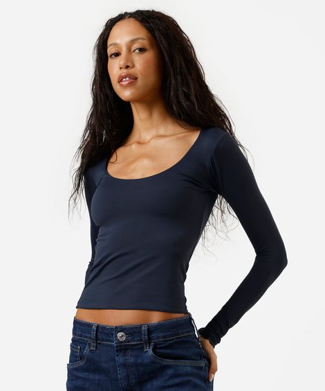 blusa cropped feminina de poliamida decote redondo manga longa azul