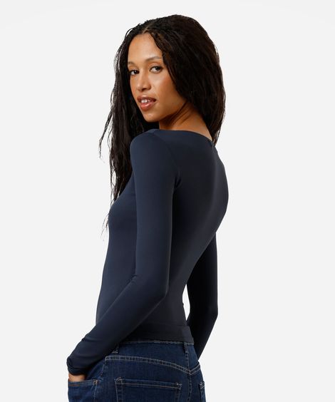 blusa cropped feminina de poliamida decote redondo manga longa azul