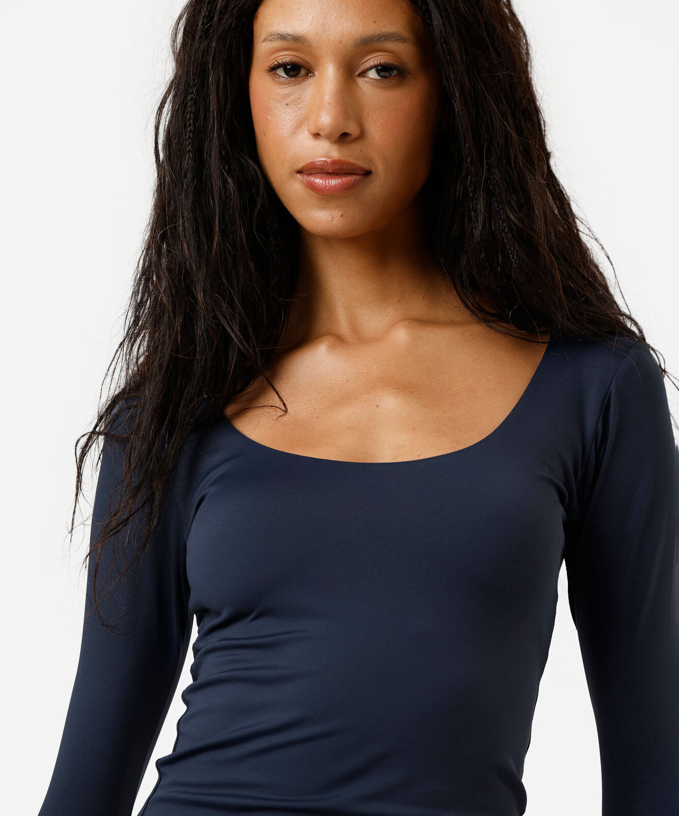blusa cropped feminina de poliamida decote redondo manga longa azul